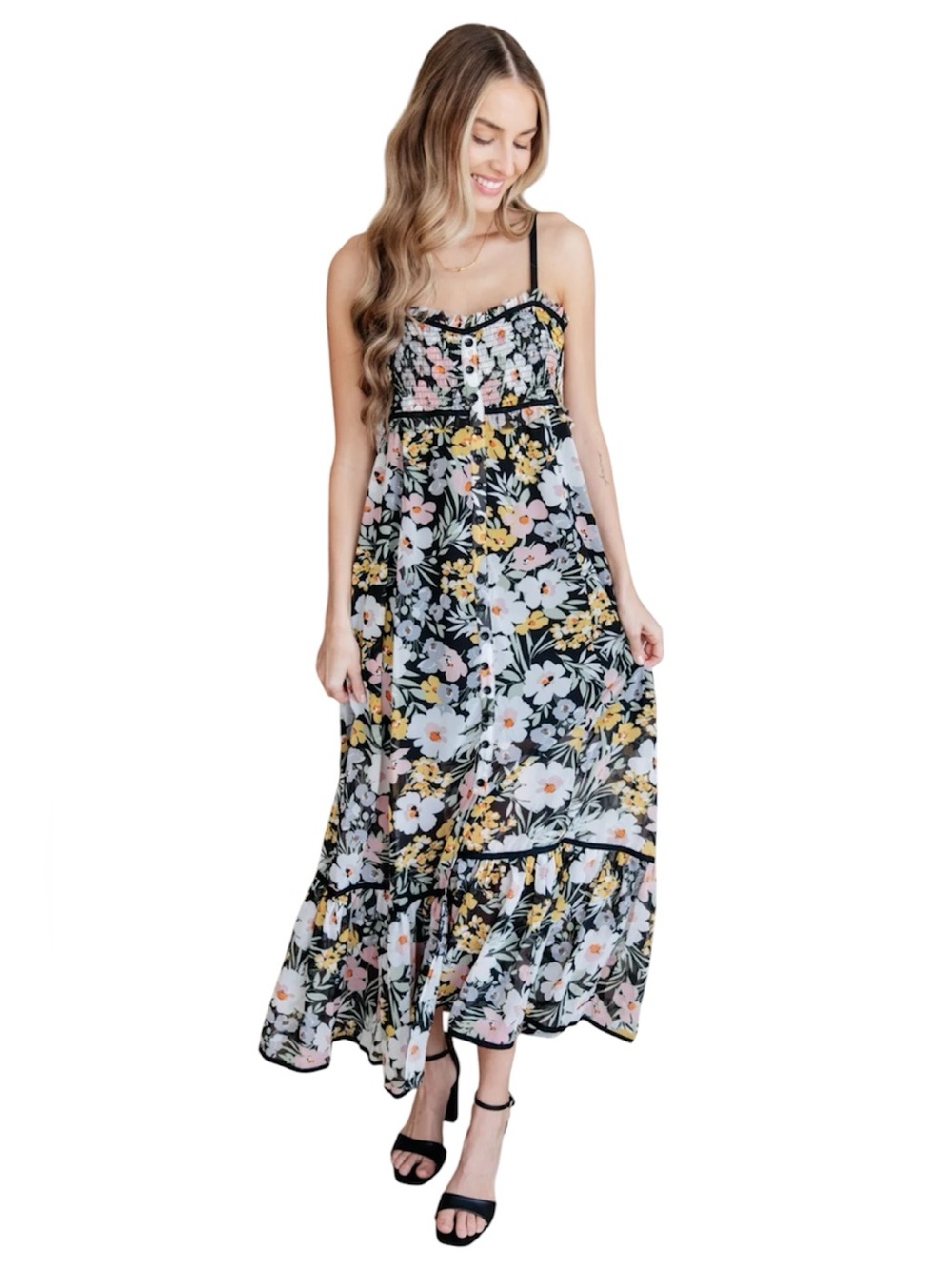 White Birch - Floral Black Maxi Sundress with Pastel Blooms Raw Edge Details